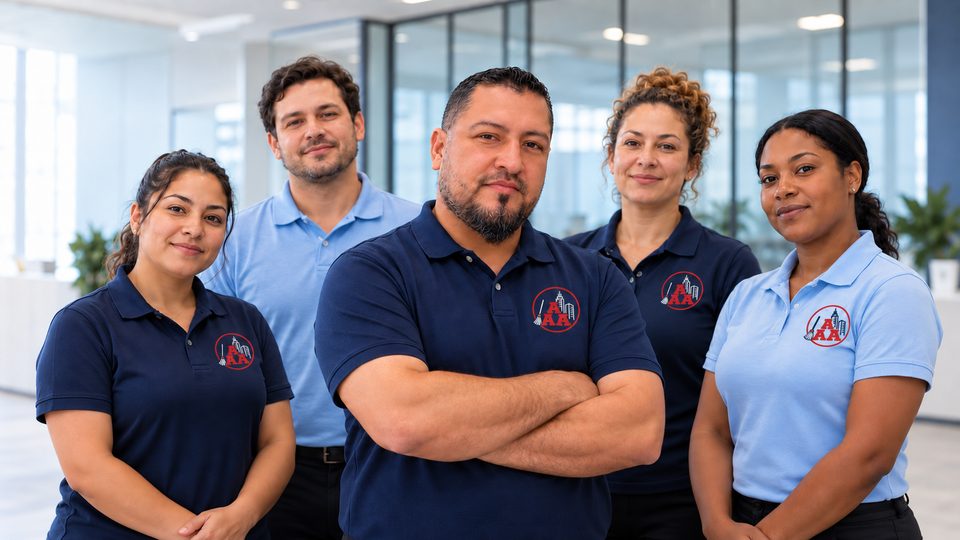 Carlos Carrillo, propriétaire d’Entretien 3AS, avec des employés en polo aux couleurs de l’entreprise